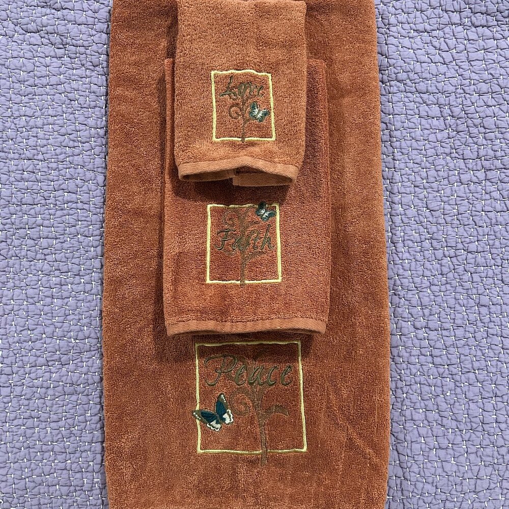 3 Towels Saturday Knight Cotton Love Faith Peace Auburn Butterflies Embroidered